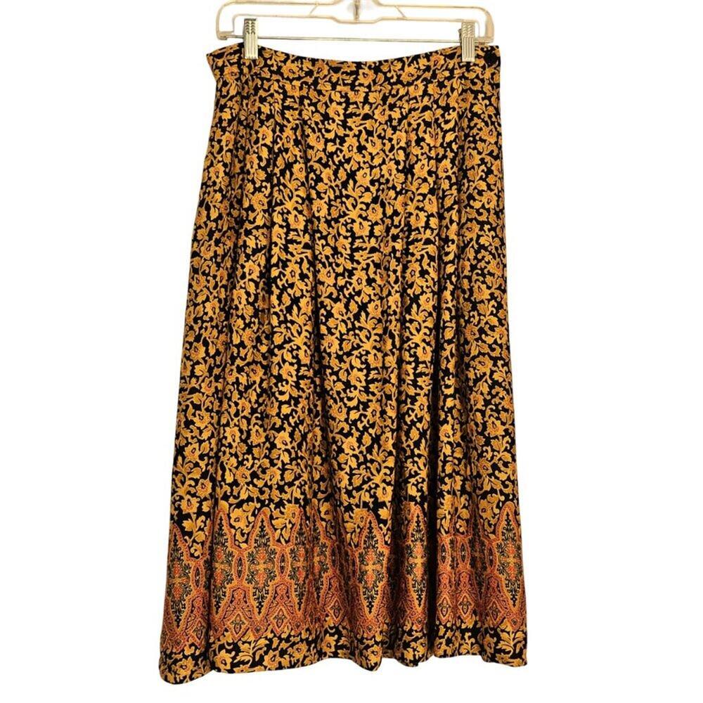 VTG Evan Picone Maxi Skirt 80's Rayon Black Gold sz 14 EUC